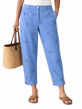 Sun Moda Resort Pants Womens L Blue Capri Crab Embroidery Grandma Coastal Beach